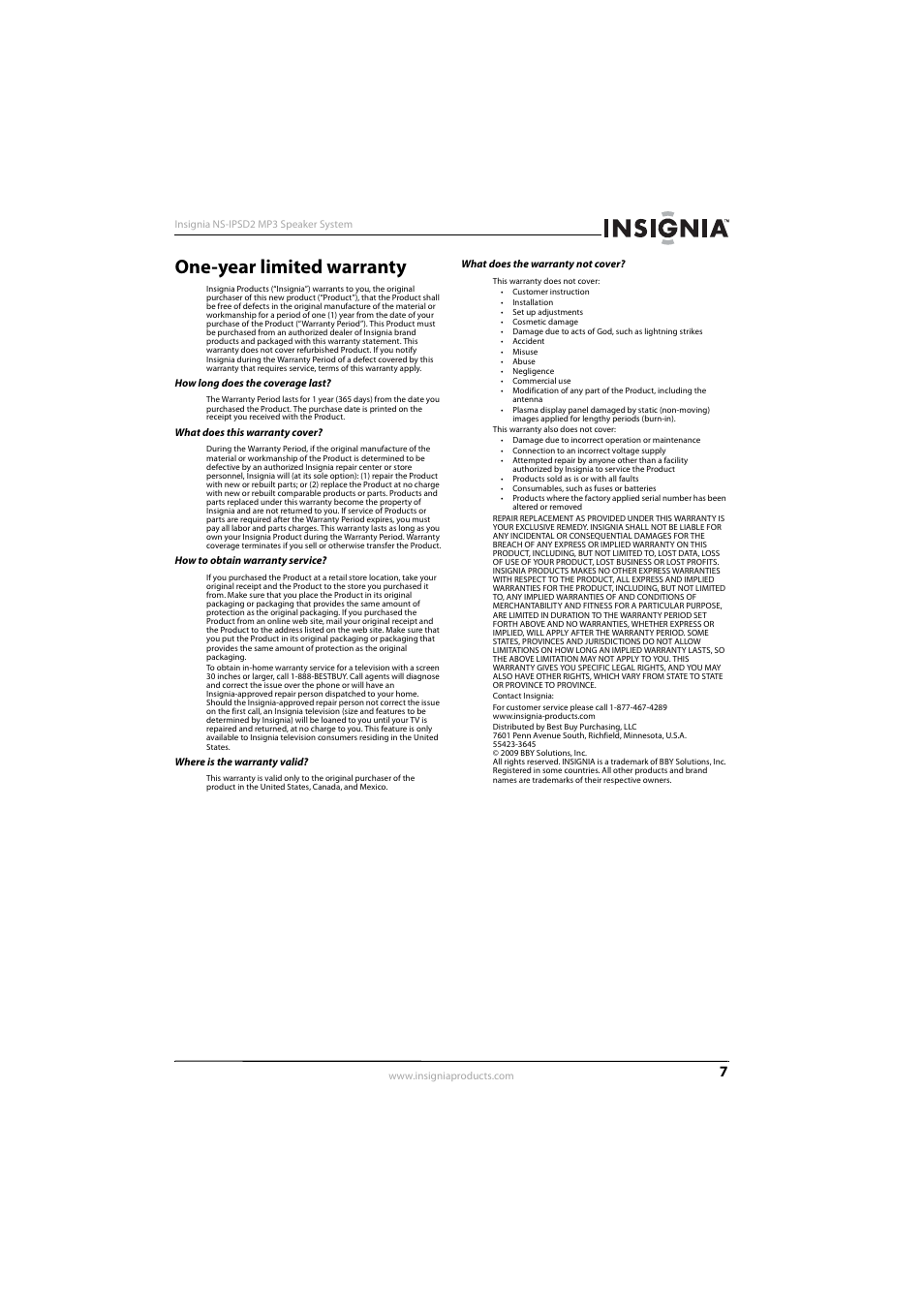 One-year limited warranty | Insignia NS-IPSD2 User Manual | Page 9 / 10