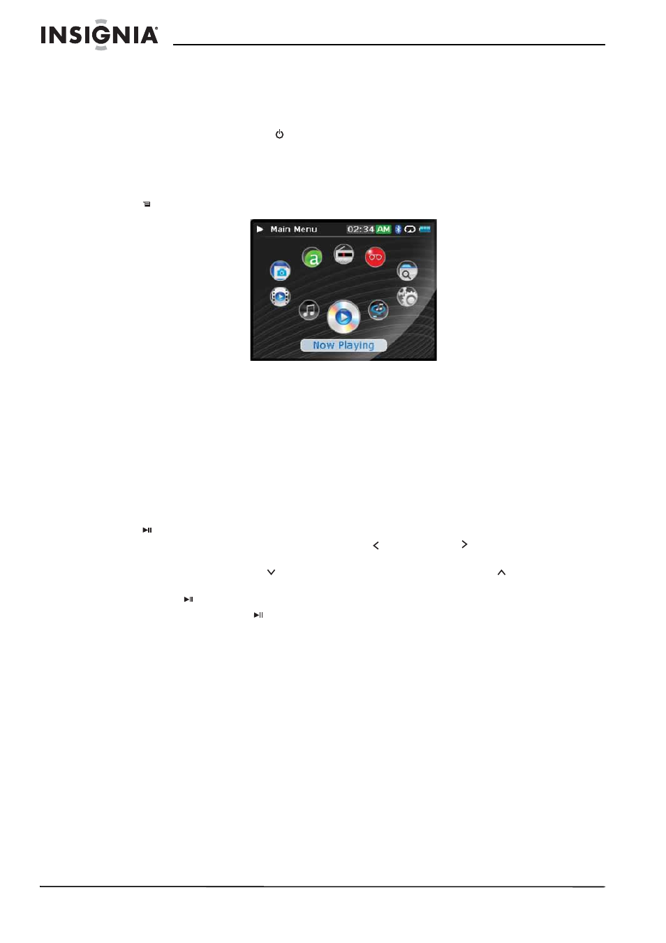 Using your mp3 player, Turning your player on and off, Navigating the on-screen menus | Insignia Pilot with Bluetooth NS-8V24 User Manual | Page 10 / 74