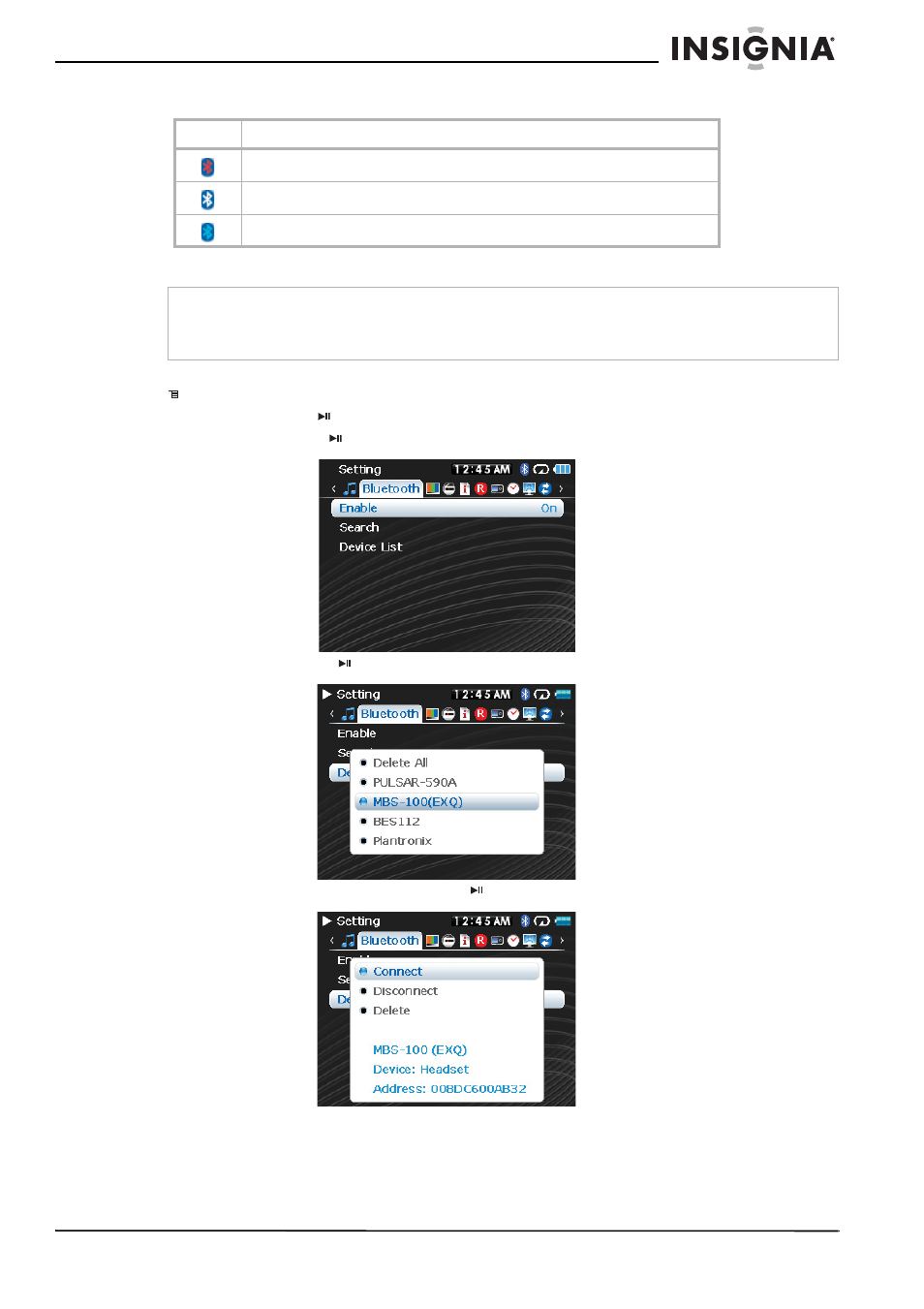 Using the bluetooth status icons, Viewing your bluetooth headphones | Insignia Pilot with Bluetooth NS-8V24 User Manual | Page 29 / 74