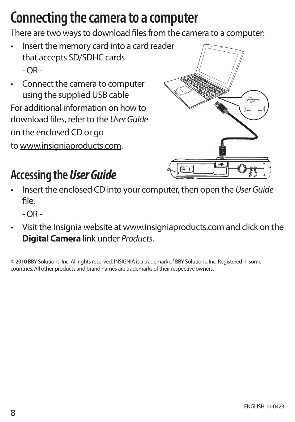 Connecting the camera to a computer, Accessing the user guide | Insignia DSC1112SL-CN User Manual | Page 8 / 8