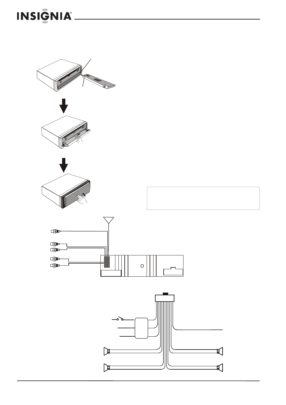 Installing the front panel, Wiring your car cd deck | Insignia NS-C4113 User Manual | Page 8 / 16