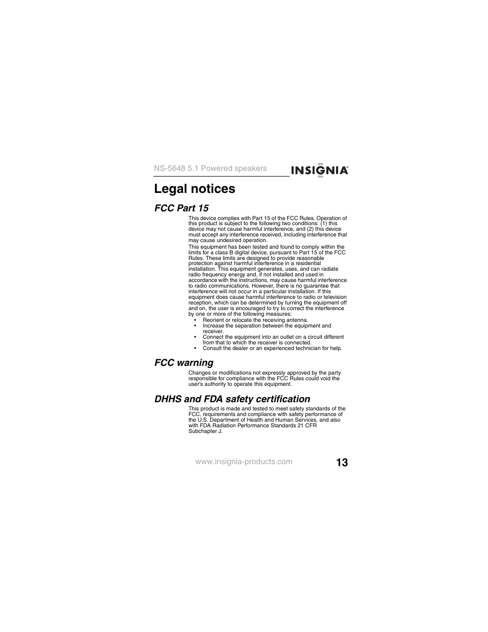 Legal notices, Fcc part 15, Fcc warning | Dhhs and fda safety certification | Insignia NS-5648 User Manual | Page 13 / 56