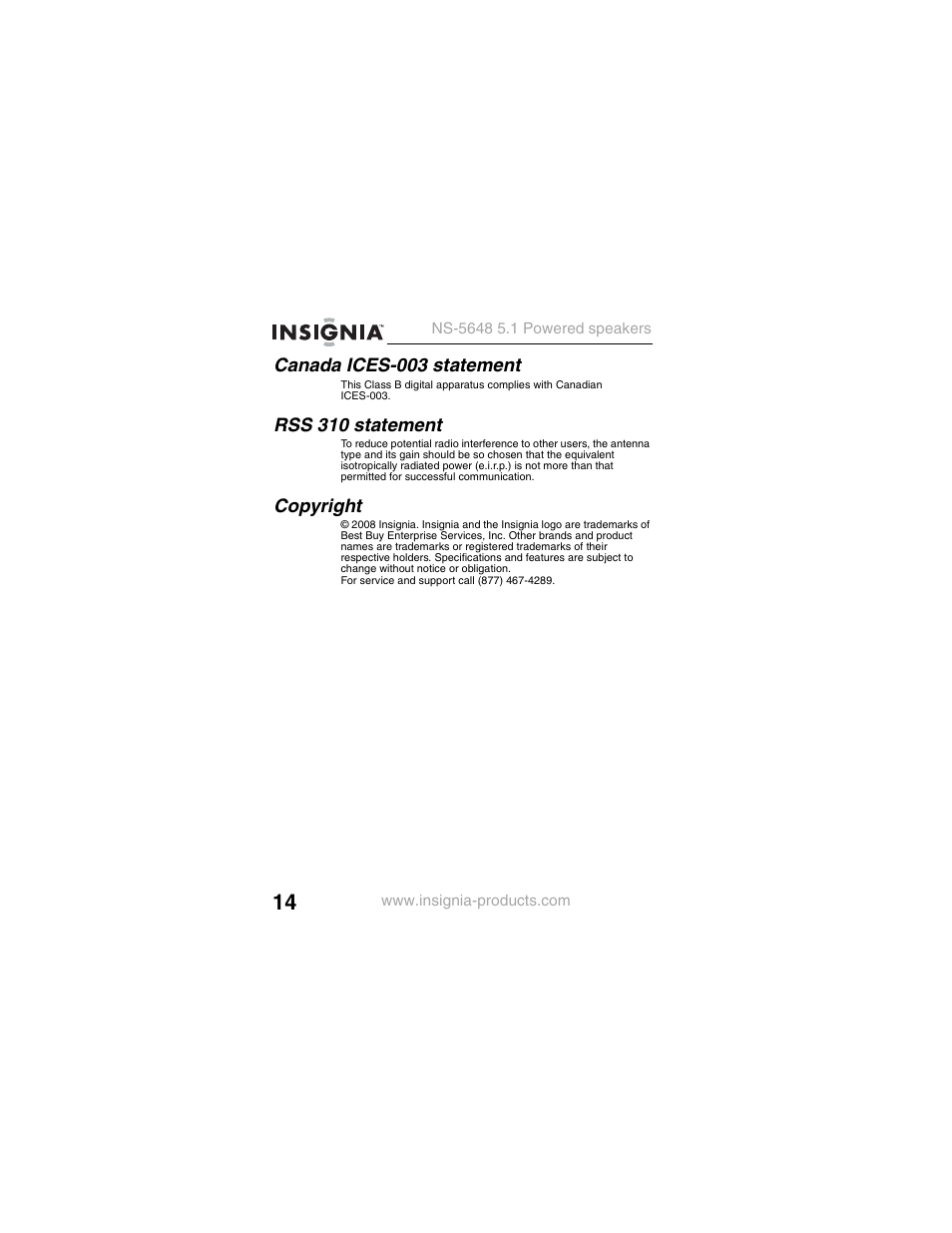 Canada ices-003 statement, Rss 310 statement, Copyright | Insignia NS-5648 User Manual | Page 14 / 56