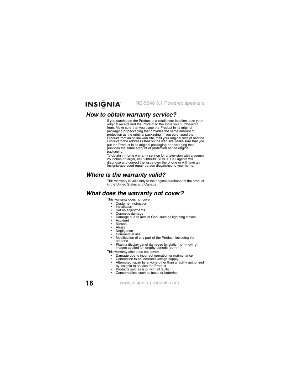 How to obtain warranty service, Where is the warranty valid, What does the warranty not cover | Insignia NS-5648 User Manual | Page 16 / 56