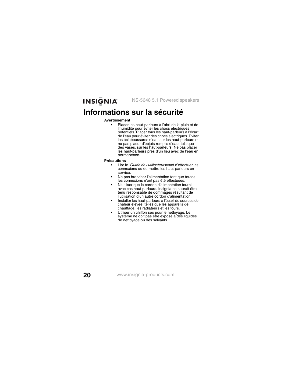 Informations sur la sécurité | Insignia NS-5648 User Manual | Page 20 / 56