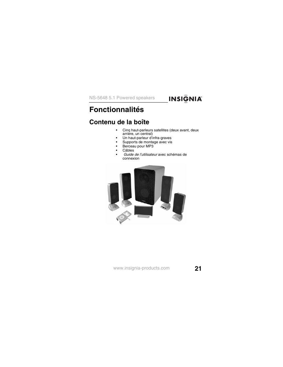 Fonctionnalités, Contenu de la boîte | Insignia NS-5648 User Manual | Page 21 / 56