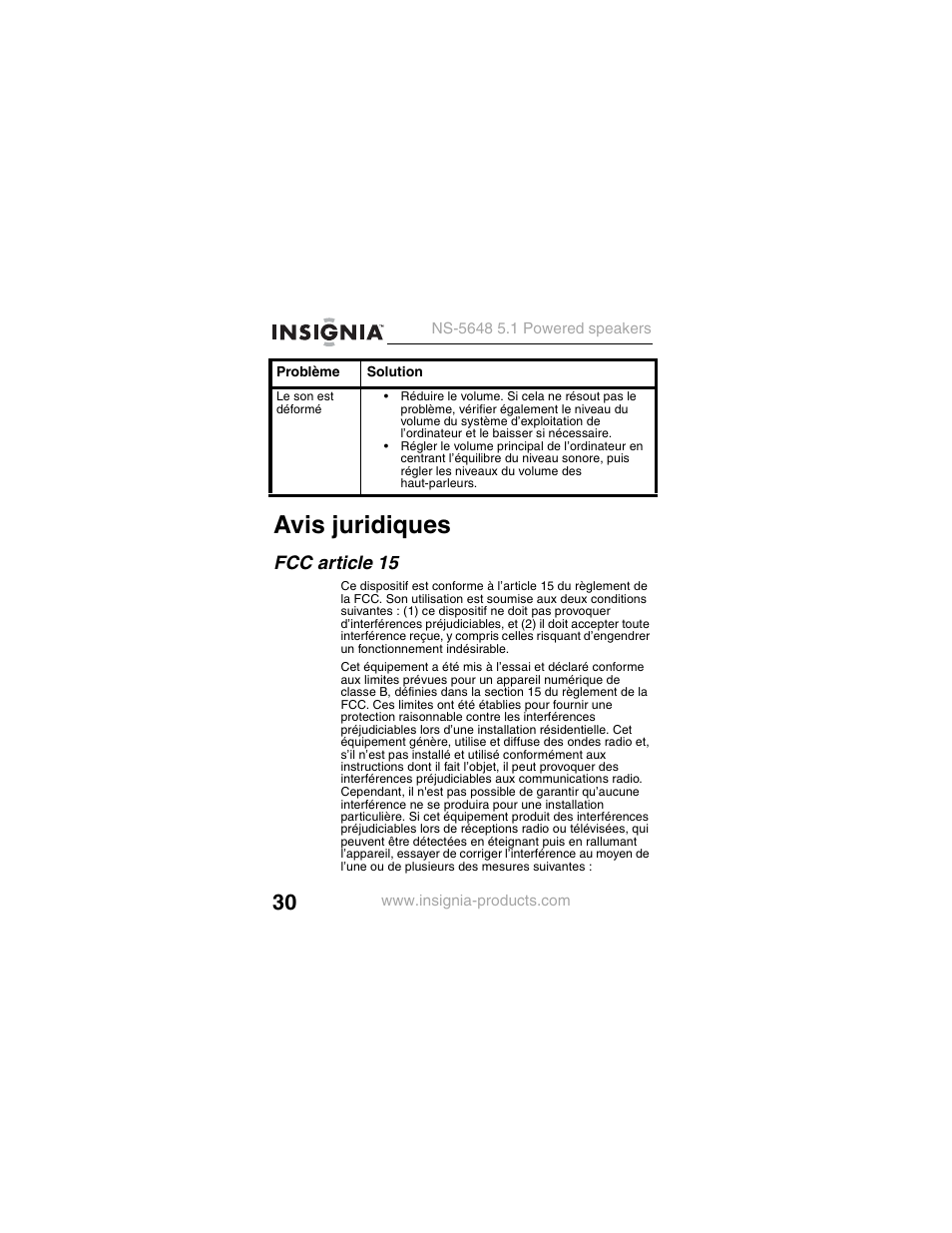 Avis juridiques, Fcc article 15 | Insignia NS-5648 User Manual | Page 30 / 56