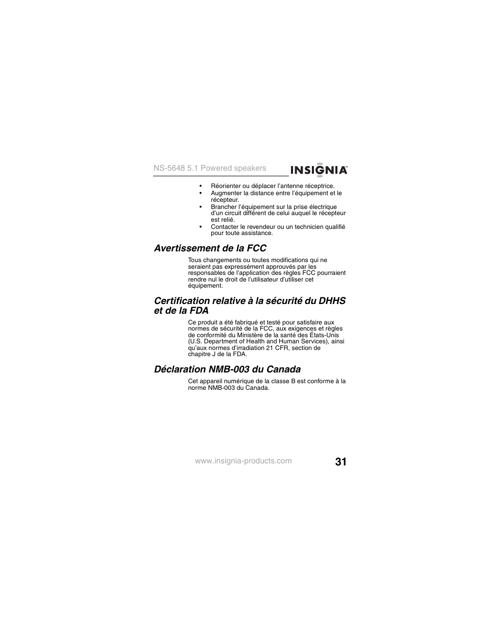 Avertissement de la fcc, Déclaration nmb-003 du canada | Insignia NS-5648 User Manual | Page 31 / 56