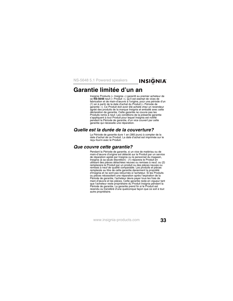 Quelle est la durée de la couverture, Que couvre cette garantie, Garantie limitée d’un an | Insignia NS-5648 User Manual | Page 33 / 56