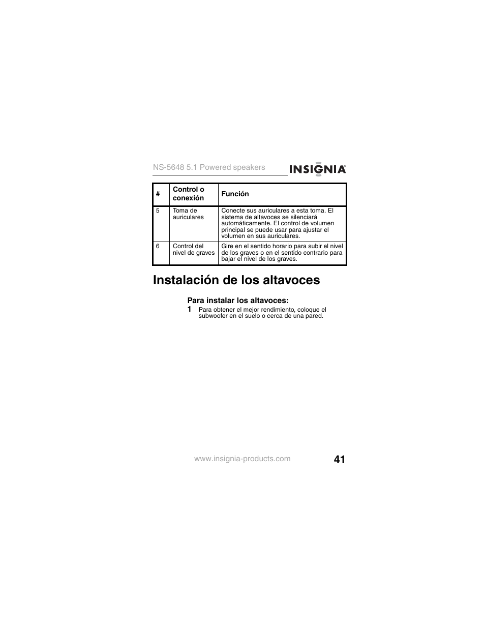 Instalación de los altavoces | Insignia NS-5648 User Manual | Page 41 / 56