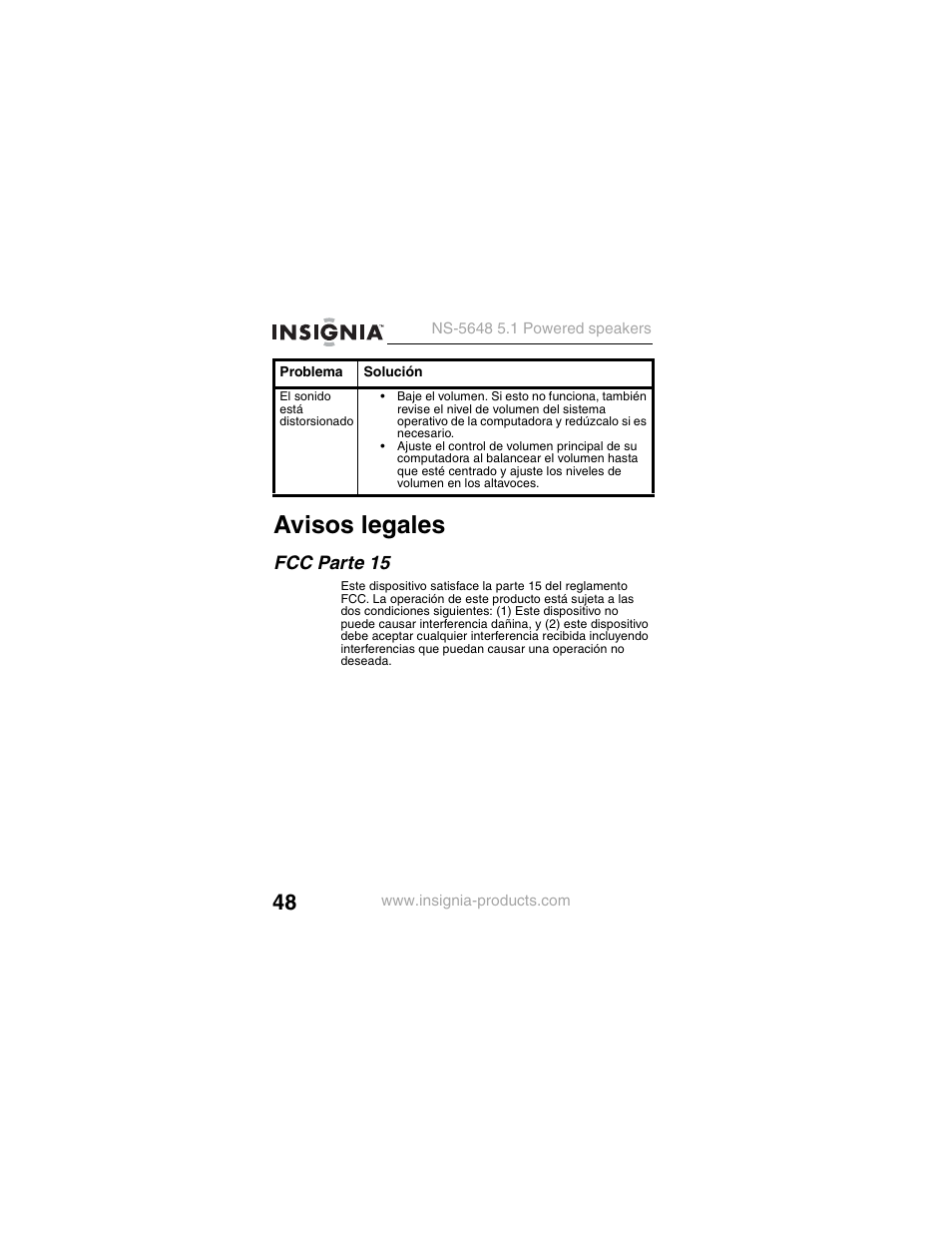 Avisos legales, Fcc parte 15 | Insignia NS-5648 User Manual | Page 48 / 56