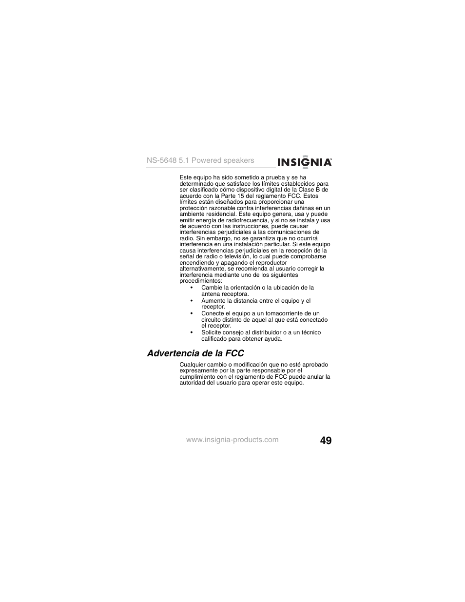 Advertencia de la fcc | Insignia NS-5648 User Manual | Page 49 / 56