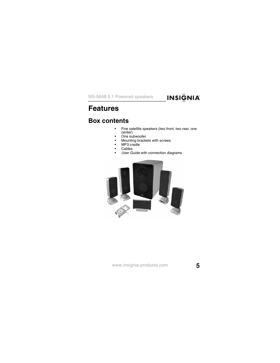 Features, Box contents | Insignia NS-5648 User Manual | Page 5 / 56