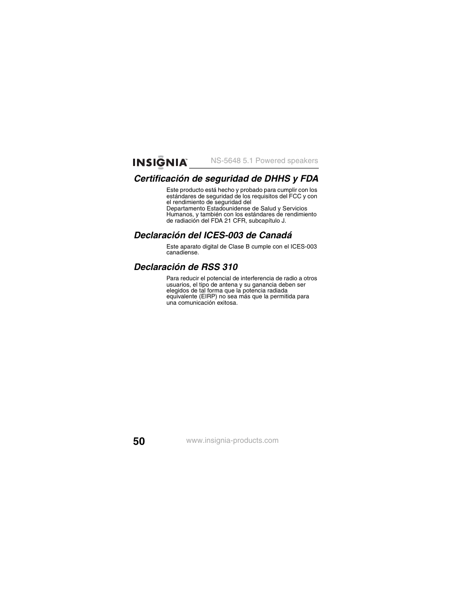 Certificación de seguridad de dhhs y fda, Declaración del ices-003 de canadá, Declaración de rss 310 | Insignia NS-5648 User Manual | Page 50 / 56