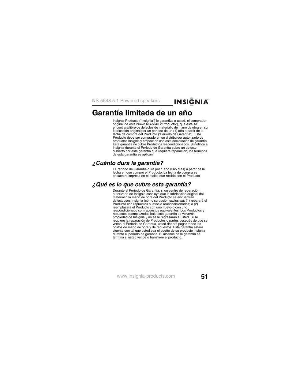 Cuánto dura la garantía, Qué es lo que cubre esta garantía, Garantía limitada de un año | Insignia NS-5648 User Manual | Page 51 / 56