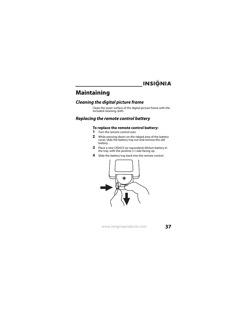 Maintaining, Cleaning the digital picture frame, Replacing the remote control battery | Insignia NS-DPF8IP User Manual | Page 37 / 56