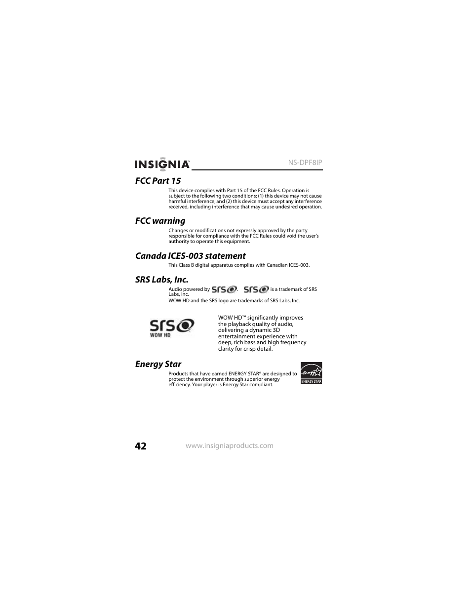 Fcc part 15, Fcc warning, Canada ices-003 statement | Srs labs, inc, Energy star | Insignia NS-DPF8IP User Manual | Page 42 / 56