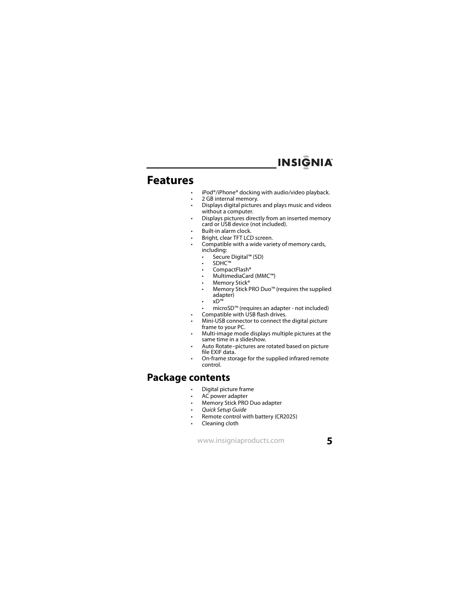 Features, Package contents | Insignia NS-DPF8IP User Manual | Page 5 / 56