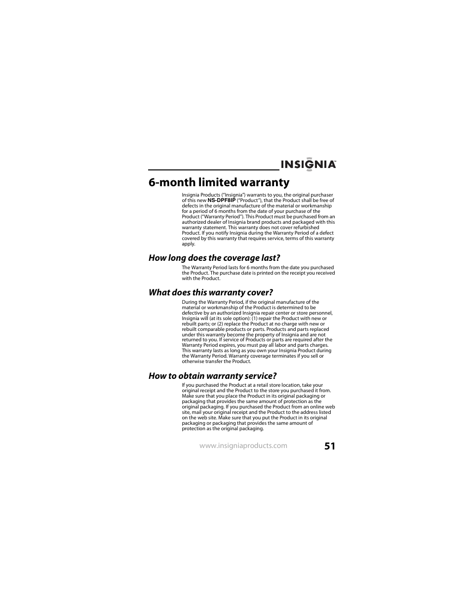 How long does the coverage last, What does this warranty cover, How to obtain warranty service | Month limited warranty | Insignia NS-DPF8IP User Manual | Page 51 / 56