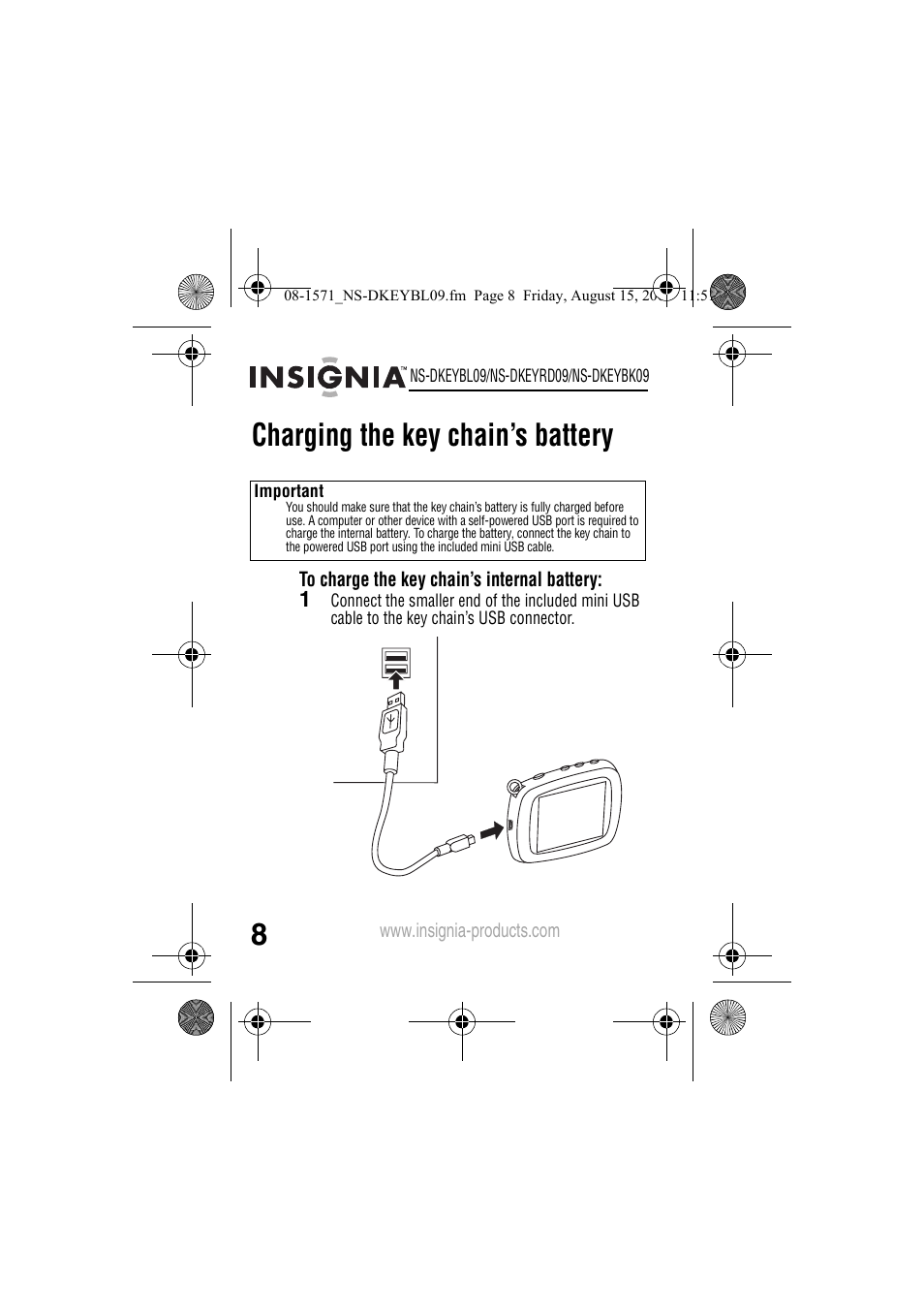 Charging the key chain’s battery | Insignia NS-DKEYBL09 User Manual | Page 10 / 36