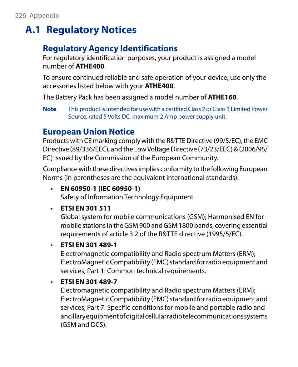 A.1 regulatory notices, Regulatory agency identifications, European union notice | Insignia X7510 User Manual | Page 226 / 241