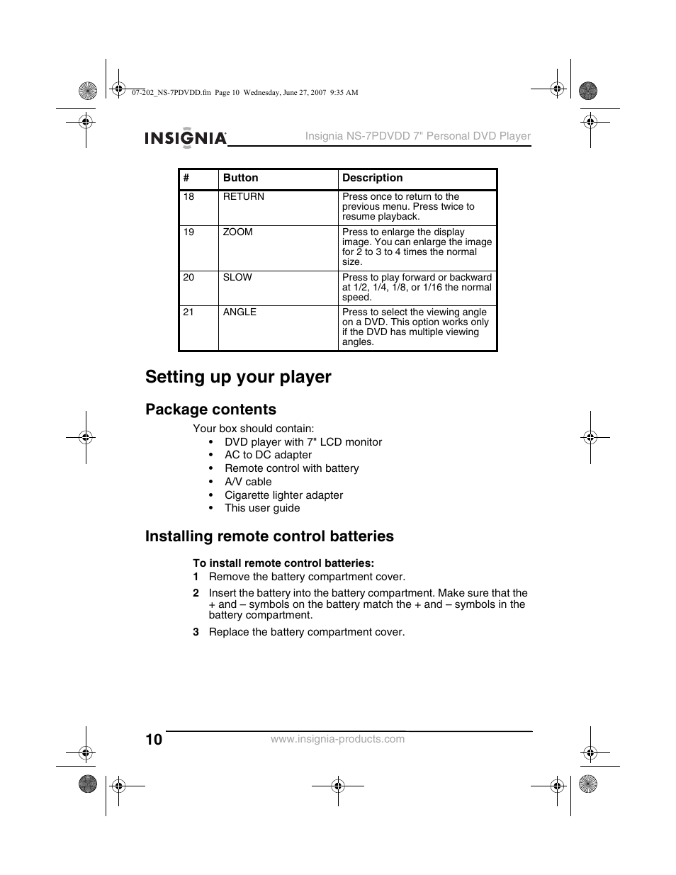 Setting up your player, Package contents, Installing remote control batteries | Insignia NS-7PDVDD User Manual | Page 10 / 100