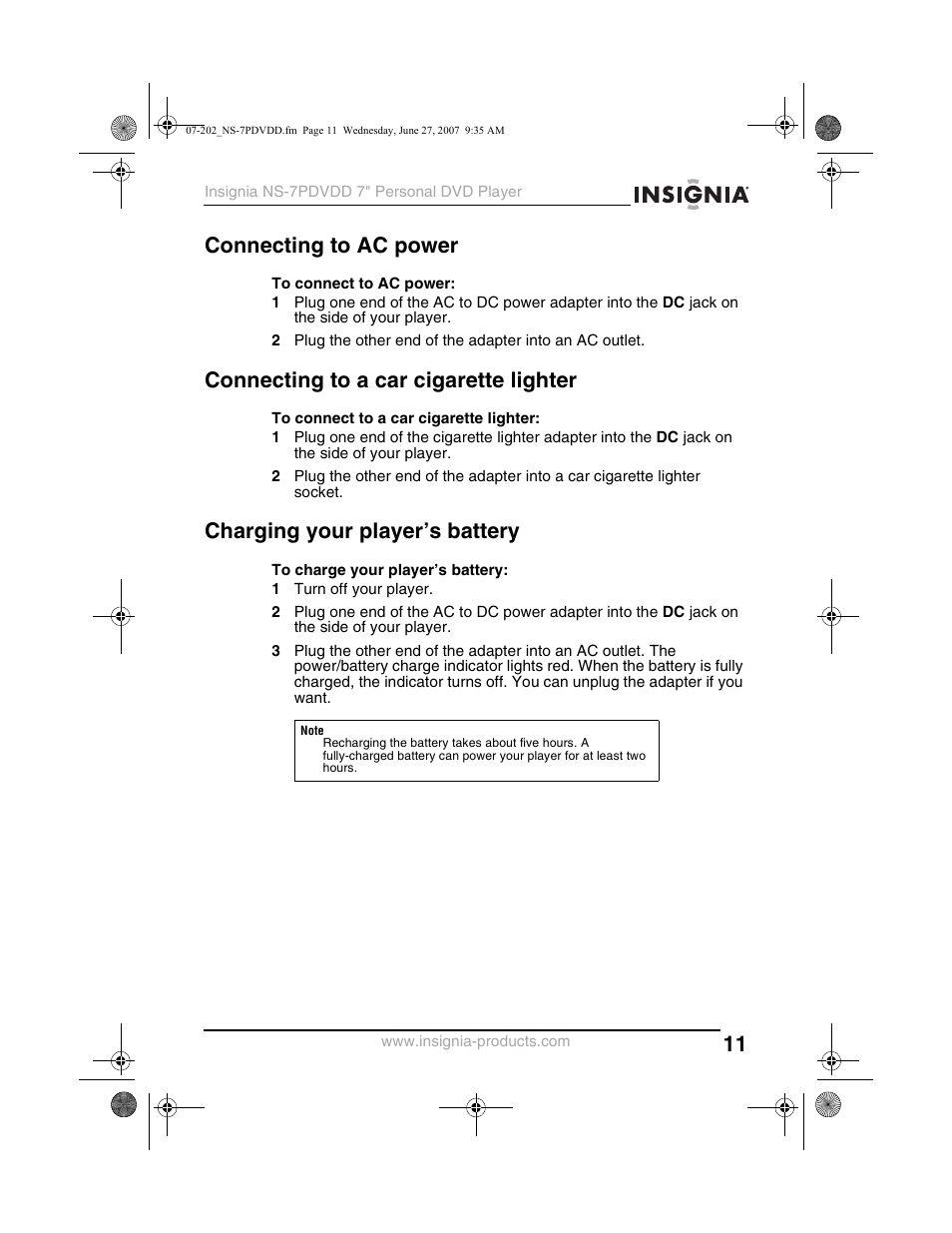 Connecting to ac power, Connecting to a car cigarette lighter, Charging your player’s battery | Insignia NS-7PDVDD User Manual | Page 11 / 100