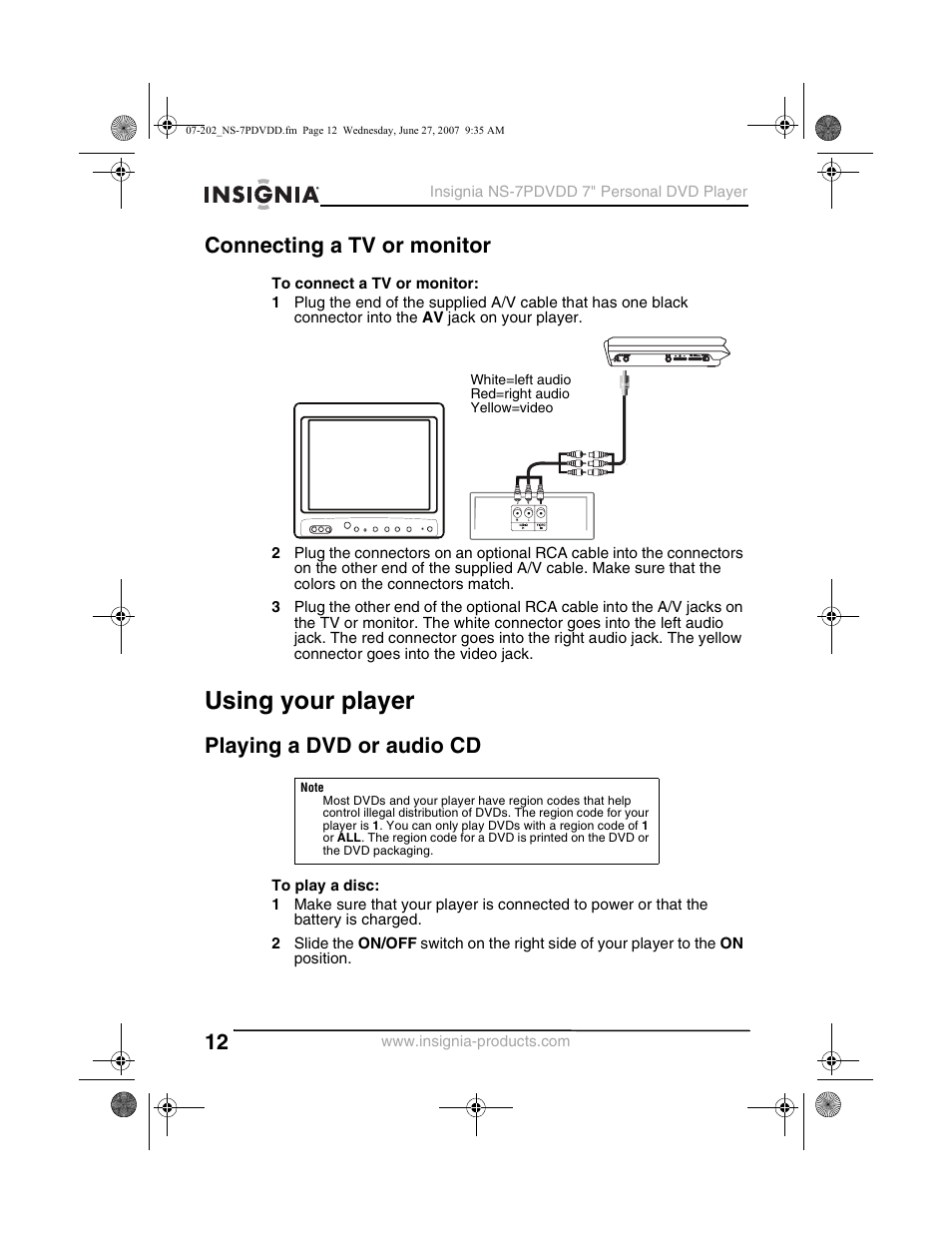Using your player, Connecting a tv or monitor, Playing a dvd or audio cd | Insignia NS-7PDVDD User Manual | Page 12 / 100