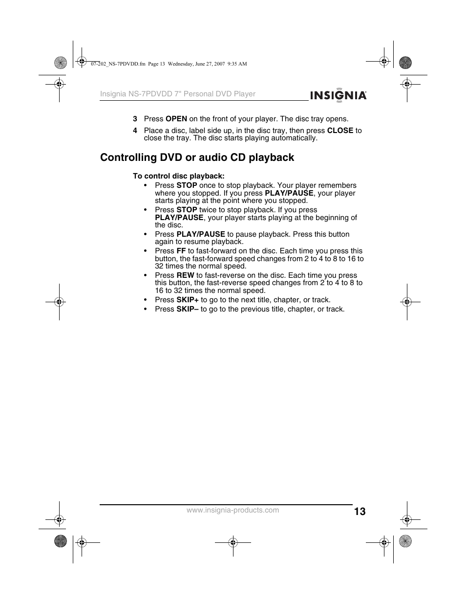 Controlling dvd or audio cd playback | Insignia NS-7PDVDD User Manual | Page 13 / 100