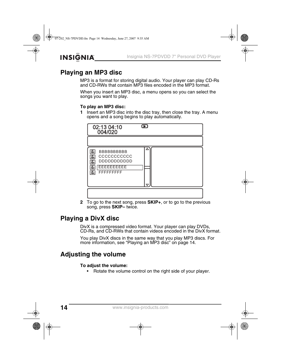 Playing an mp3 disc, Playing a divx disc, Adjusting the volume | Insignia NS-7PDVDD User Manual | Page 14 / 100