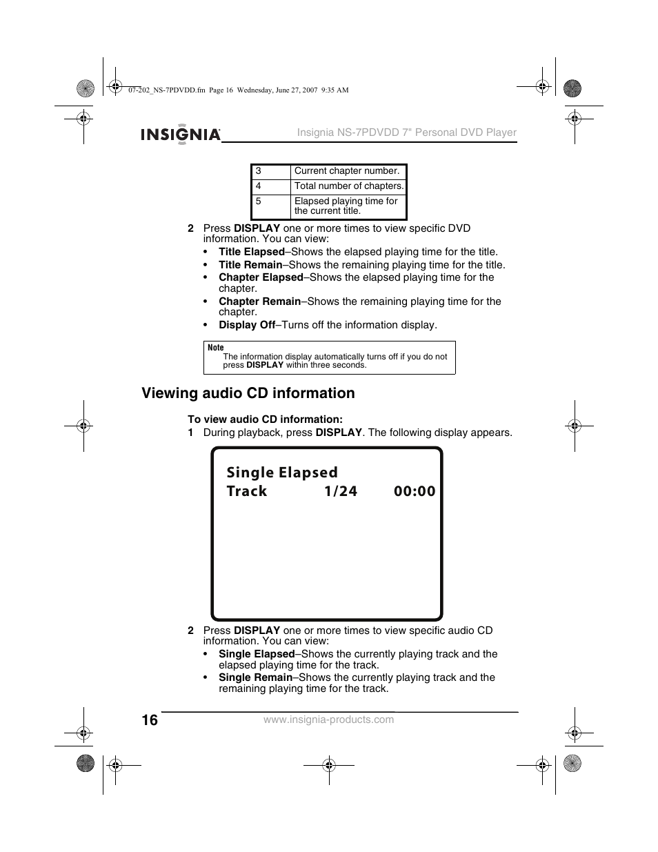 Viewing audio cd information | Insignia NS-7PDVDD User Manual | Page 16 / 100