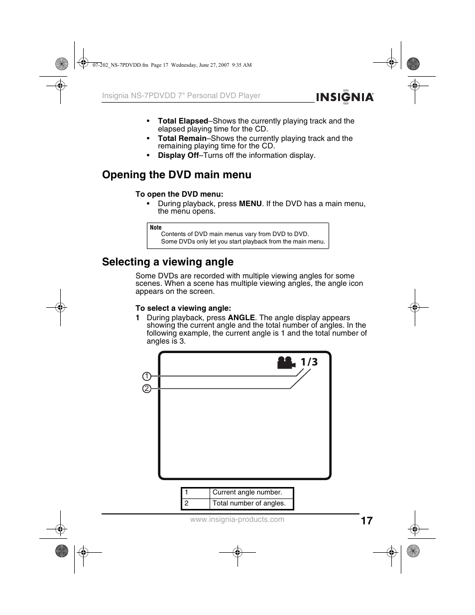 Opening the dvd main menu, Selecting a viewing angle | Insignia NS-7PDVDD User Manual | Page 17 / 100