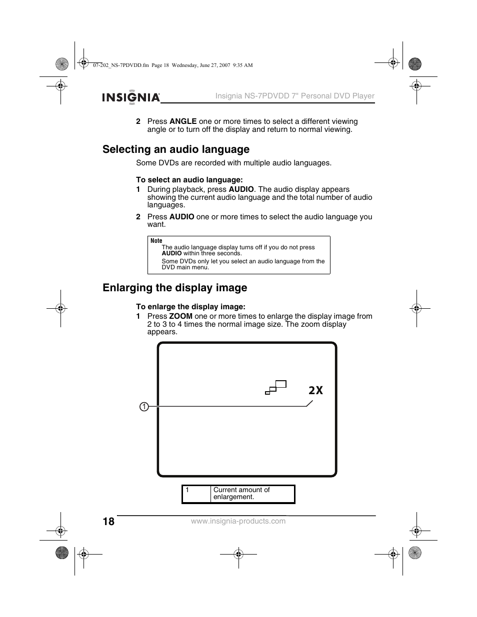 Selecting an audio language, Enlarging the display image | Insignia NS-7PDVDD User Manual | Page 18 / 100