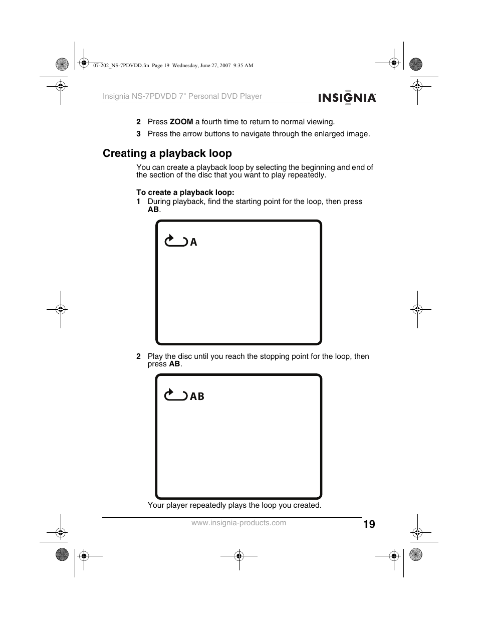Creating a playback loop | Insignia NS-7PDVDD User Manual | Page 19 / 100