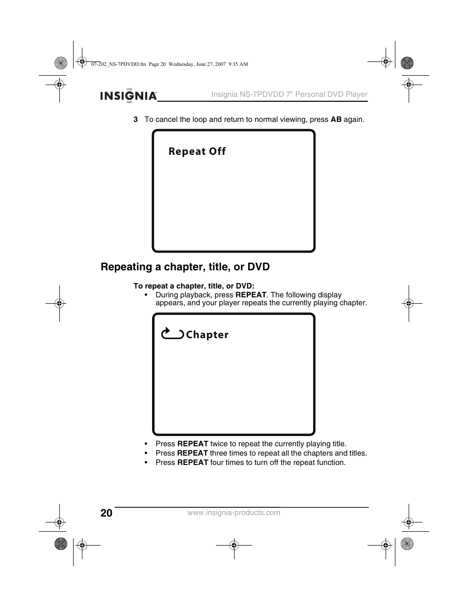 Repeat off chapter, Repeating a chapter, title, or dvd | Insignia NS-7PDVDD User Manual | Page 20 / 100