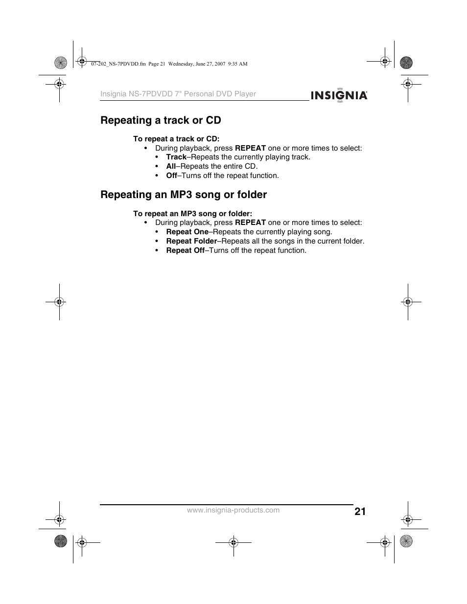 Repeating a track or cd, Repeating an mp3 song or folder | Insignia NS-7PDVDD User Manual | Page 21 / 100