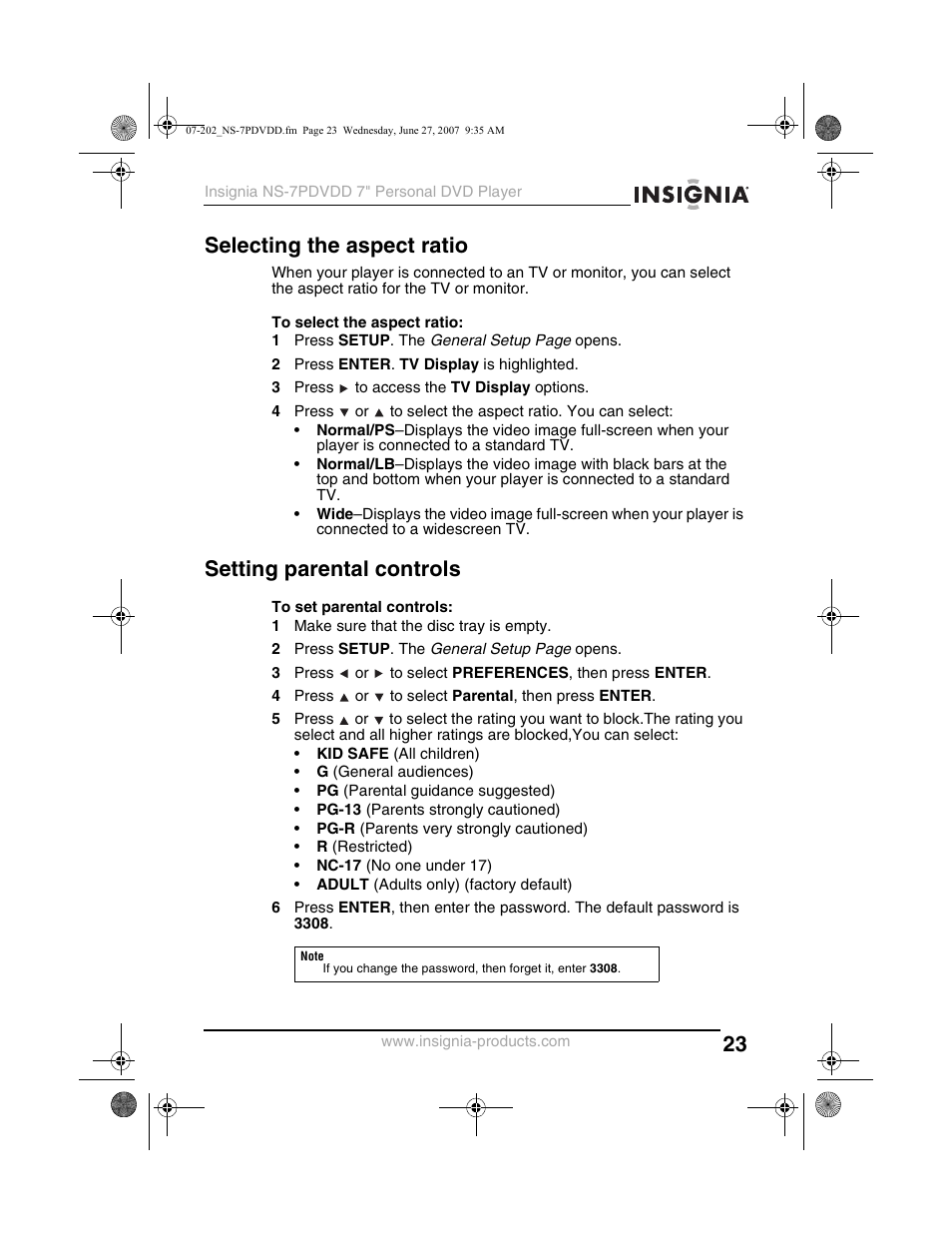 Selecting the aspect ratio, Setting parental controls | Insignia NS-7PDVDD User Manual | Page 23 / 100