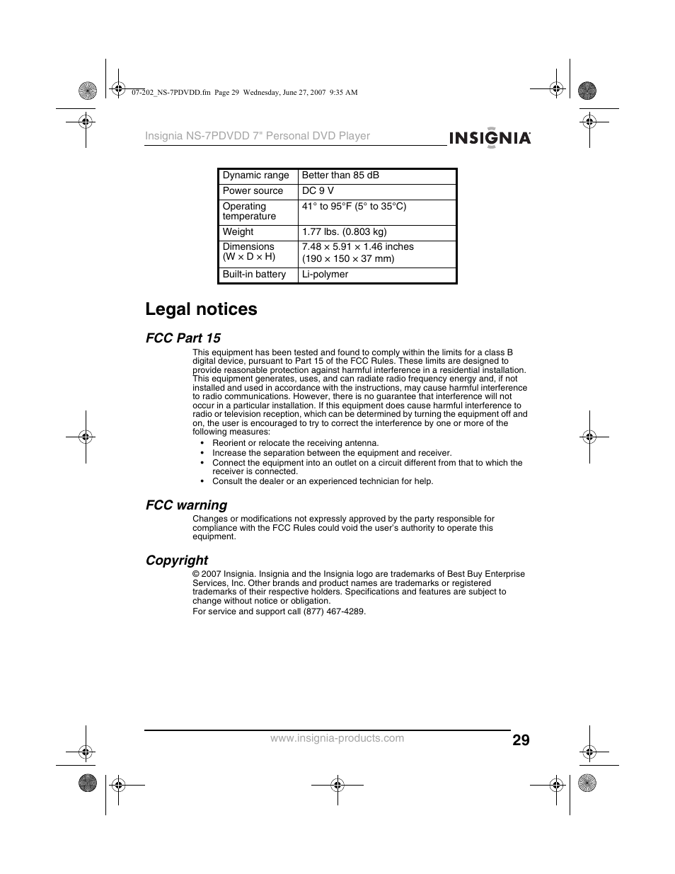 Legal notices, Fcc part 15, Fcc warning | Copyright | Insignia NS-7PDVDD User Manual | Page 29 / 100