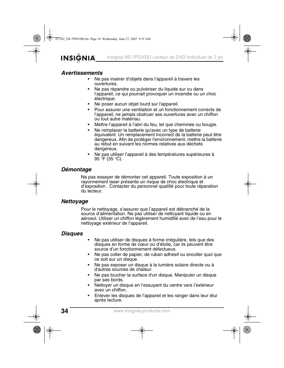 Avertissements, Démontage, Nettoyage | Disques | Insignia NS-7PDVDD User Manual | Page 34 / 100