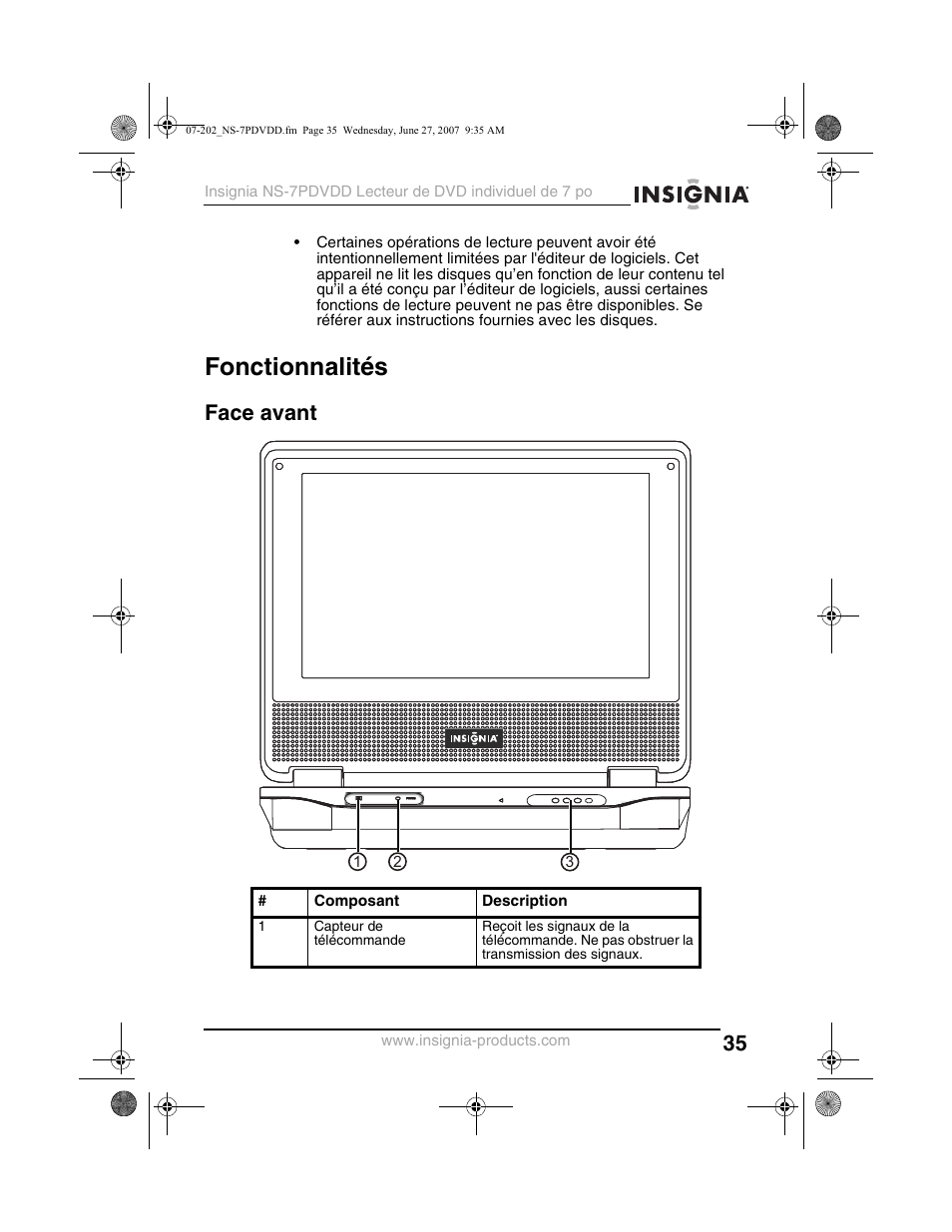 Fonctionnalités, Face avant | Insignia NS-7PDVDD User Manual | Page 35 / 100
