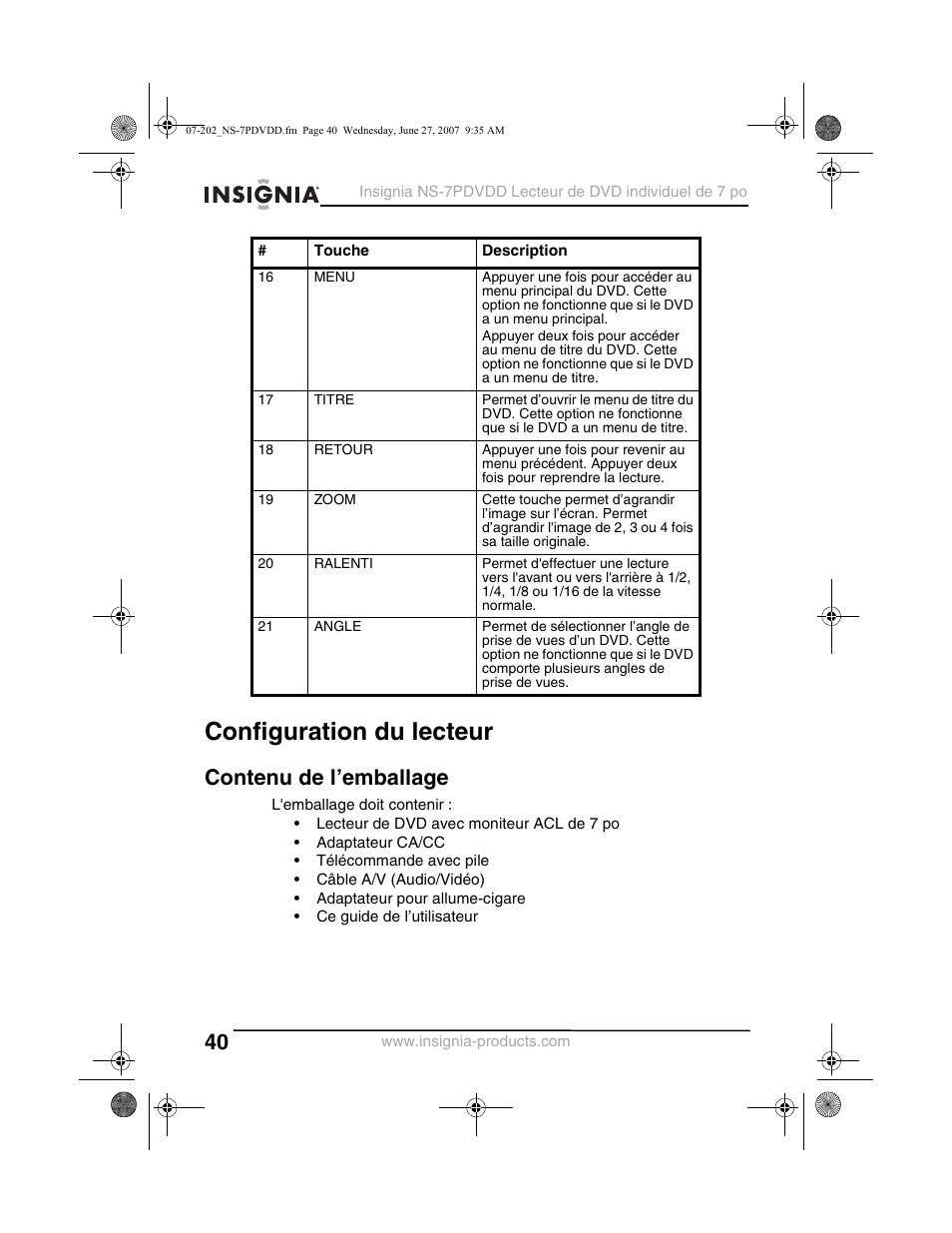 Configuration du lecteur, Contenu de l’emballage | Insignia NS-7PDVDD User Manual | Page 40 / 100