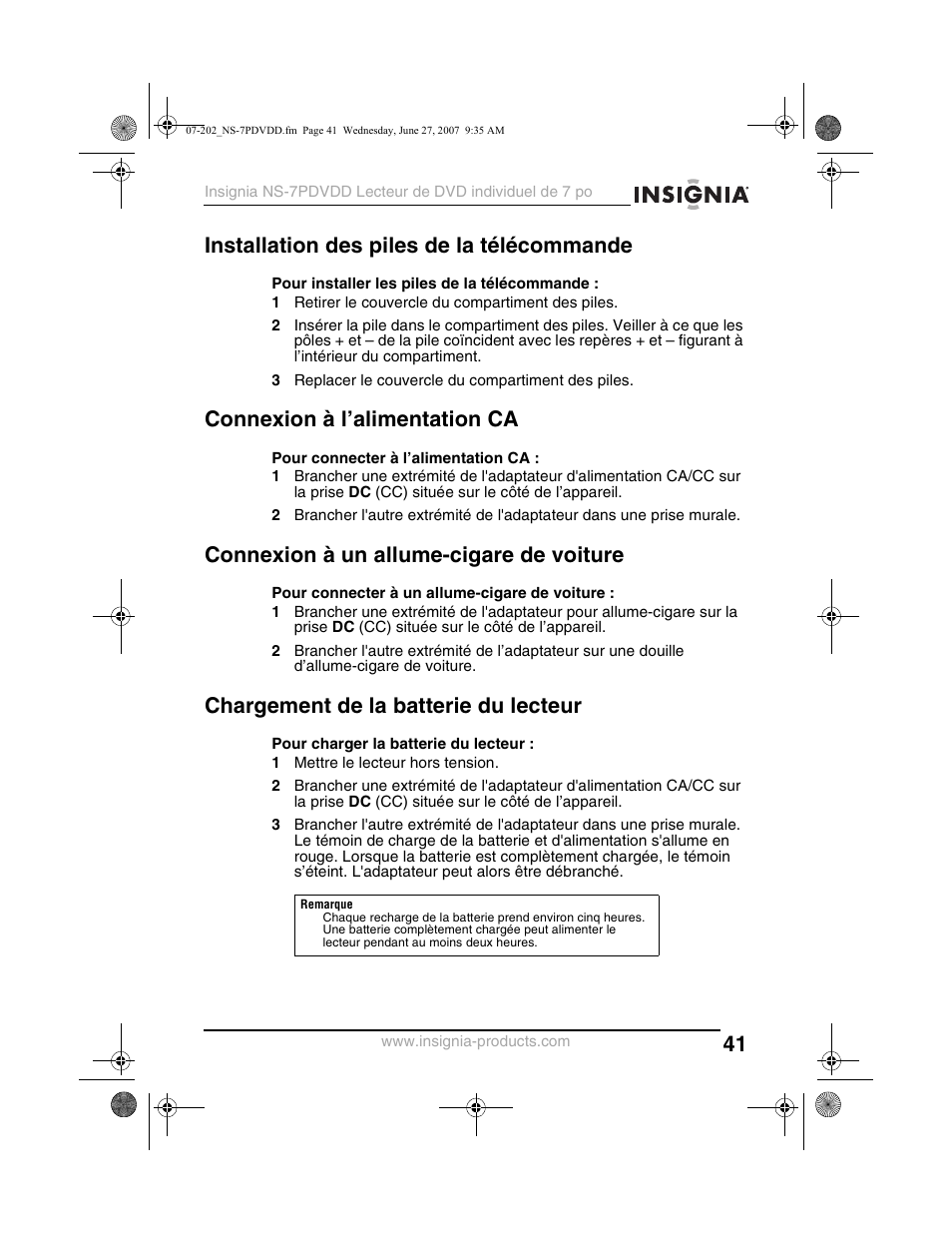 Installation des piles de la télécommande, Connexion à l’alimentation ca, Connexion à un allume-cigare de voiture | Chargement de la batterie du lecteur | Insignia NS-7PDVDD User Manual | Page 41 / 100