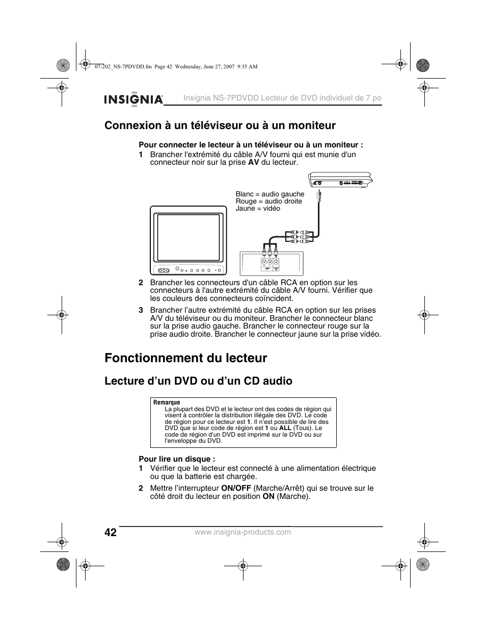Fonctionnement du lecteur, Connexion à un téléviseur ou à un moniteur, Lecture d’un dvd ou d’un cd audio | Insignia NS-7PDVDD User Manual | Page 42 / 100