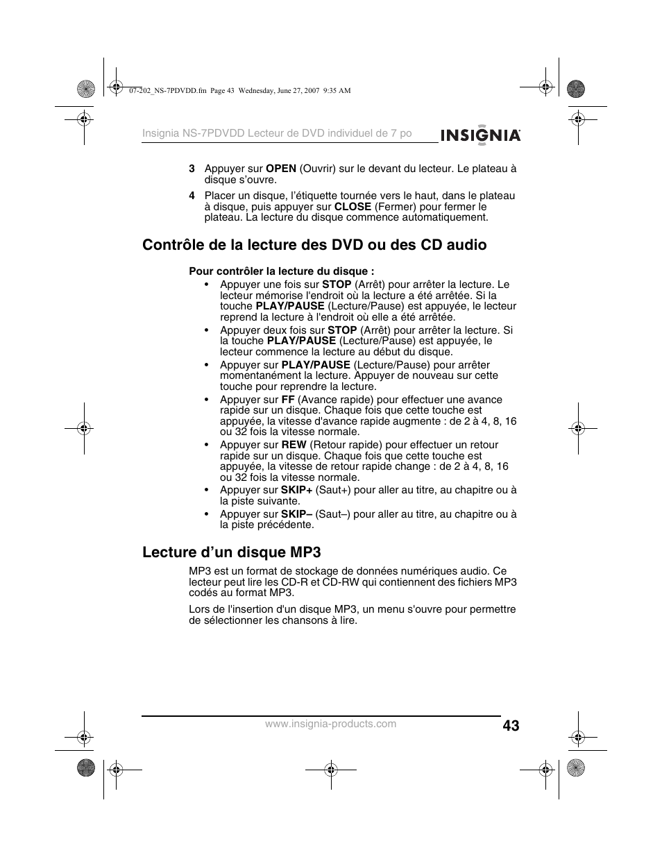 Contrôle de la lecture des dvd ou des cd audio, Lecture d’un disque mp3 | Insignia NS-7PDVDD User Manual | Page 43 / 100