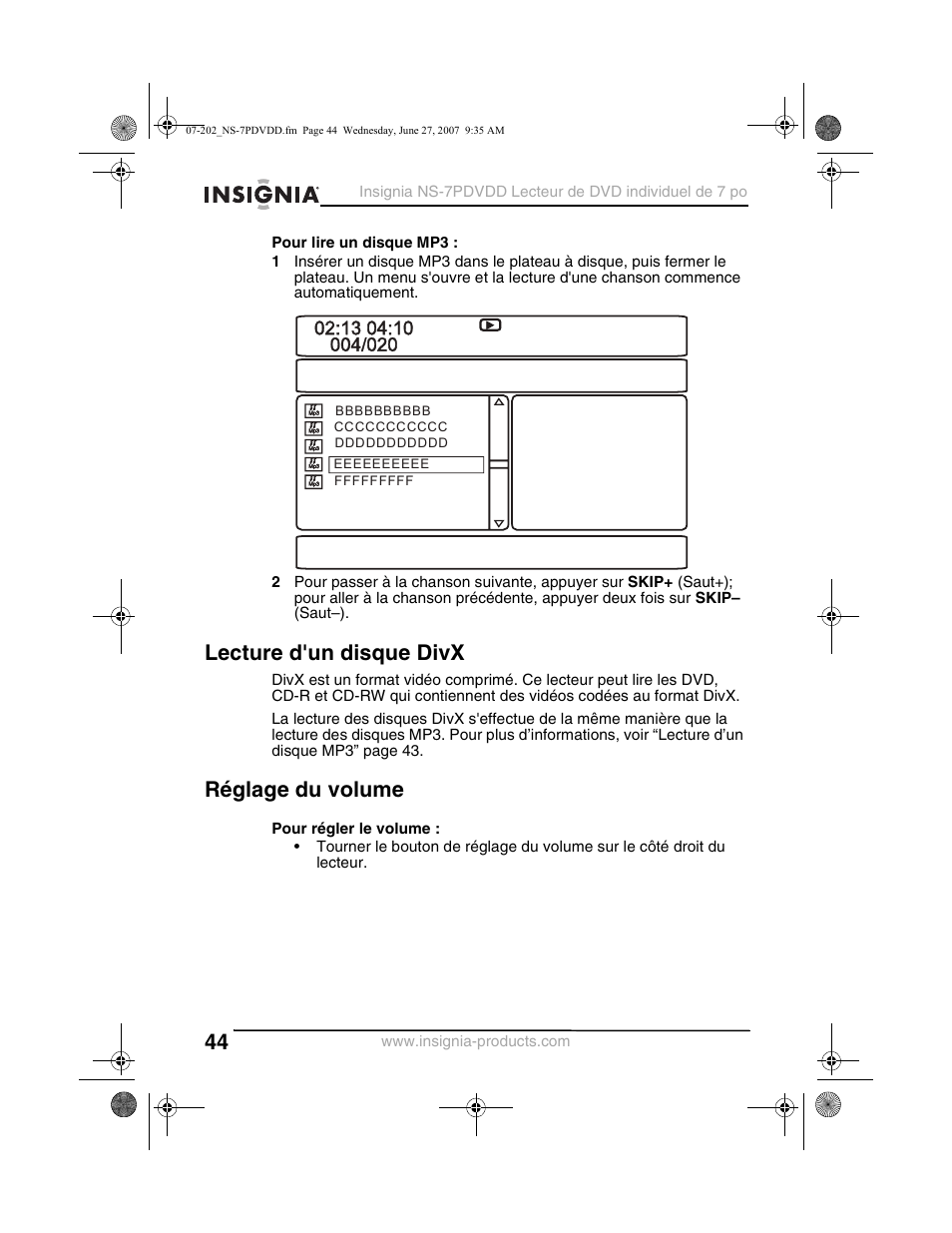 Lecture d'un disque divx, Réglage du volume | Insignia NS-7PDVDD User Manual | Page 44 / 100