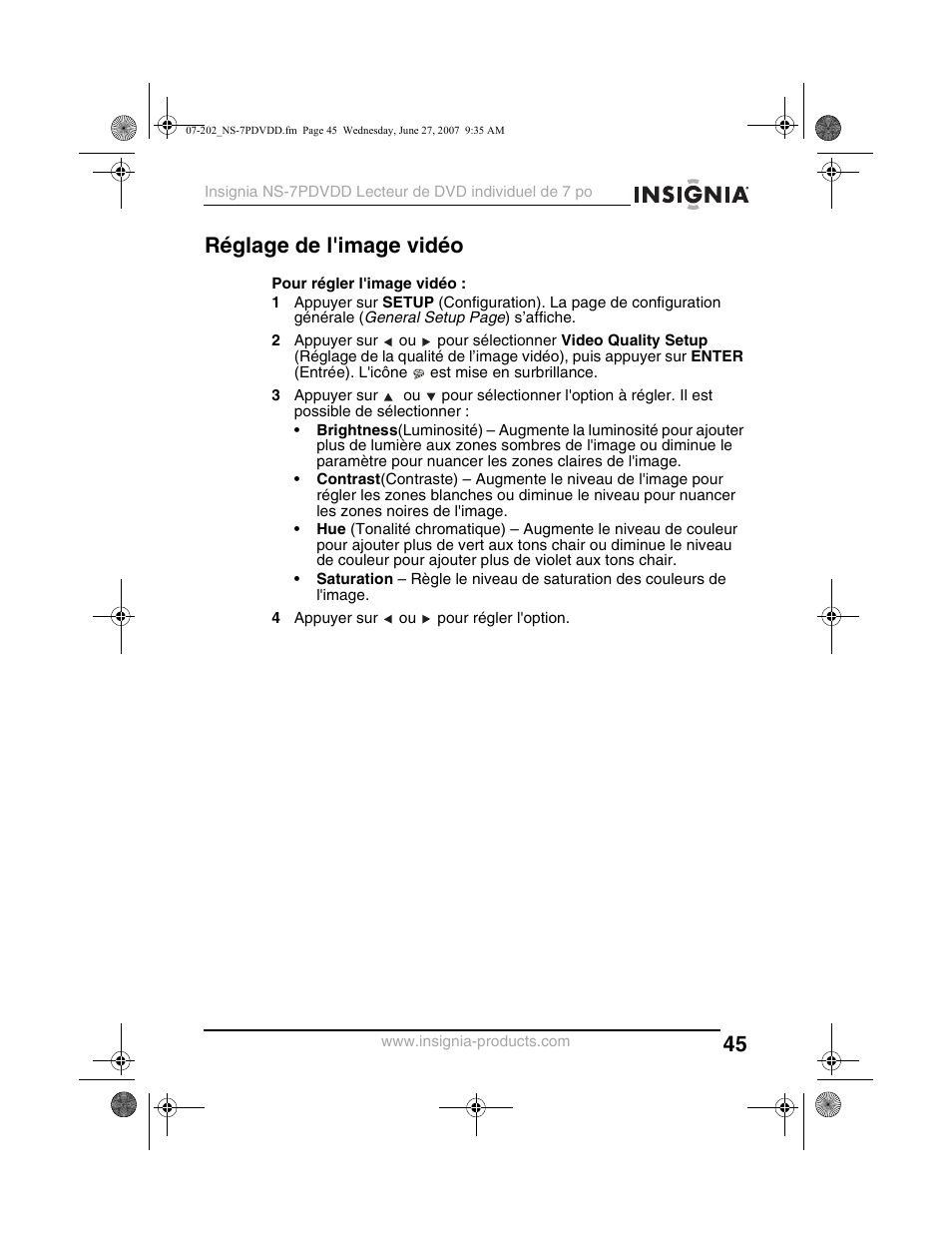 Réglage de l'image vidéo | Insignia NS-7PDVDD User Manual | Page 45 / 100