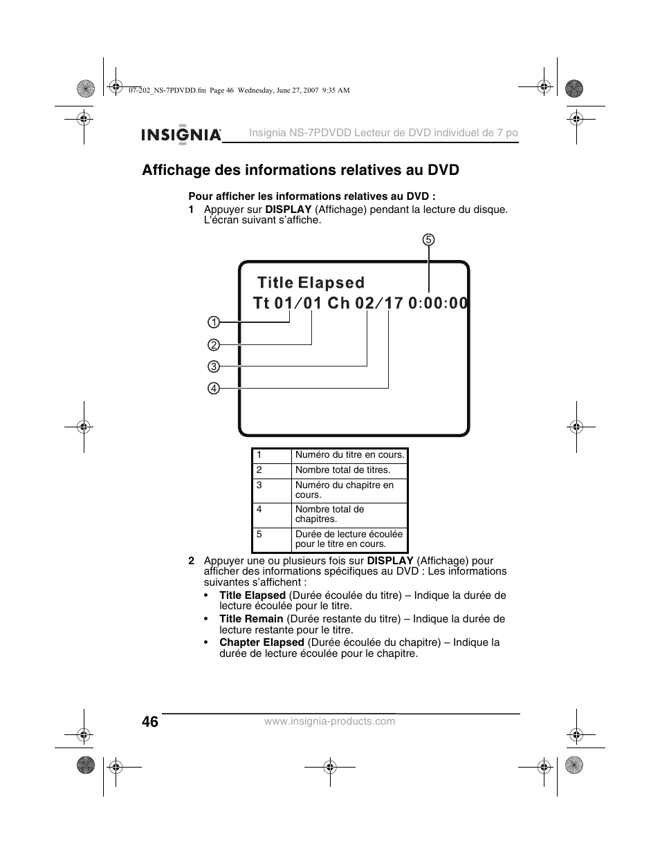 Affichage des informations relatives au dvd | Insignia NS-7PDVDD User Manual | Page 46 / 100