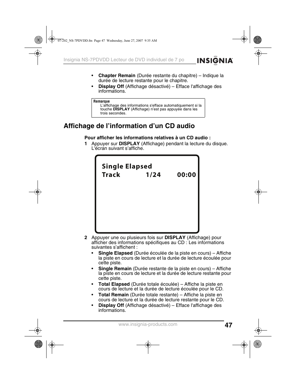 Affichage de l’information d’un cd audio | Insignia NS-7PDVDD User Manual | Page 47 / 100