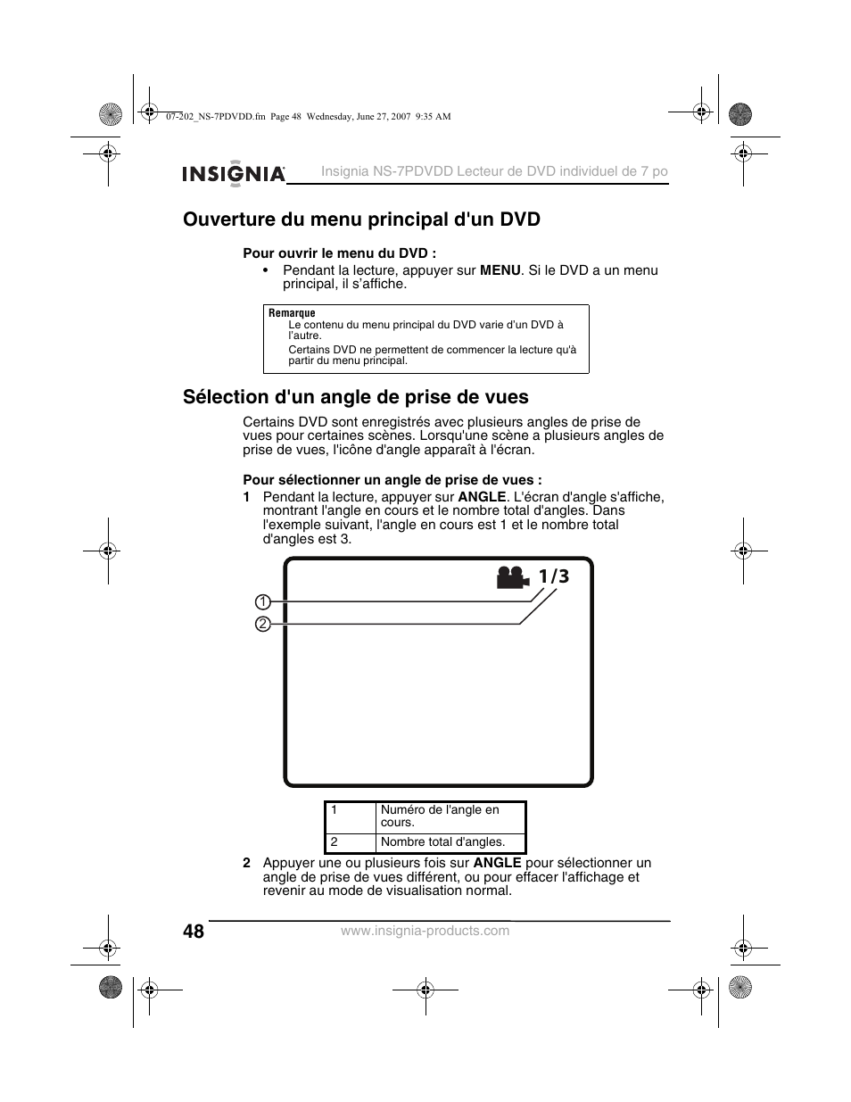 Ouverture du menu principal d'un dvd, Sélection d'un angle de prise de vues | Insignia NS-7PDVDD User Manual | Page 48 / 100
