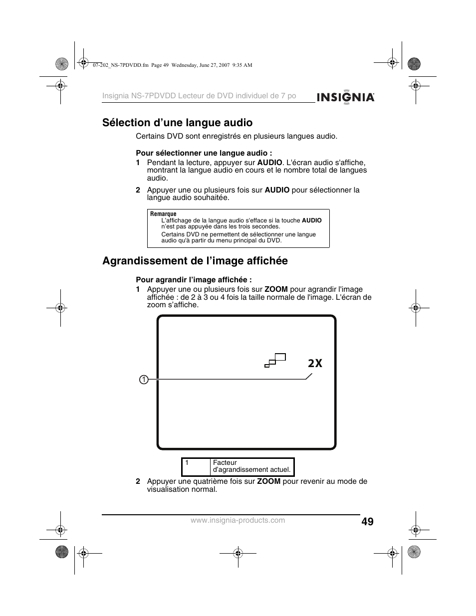 Sélection d’une langue audio, Agrandissement de l’image affichée | Insignia NS-7PDVDD User Manual | Page 49 / 100